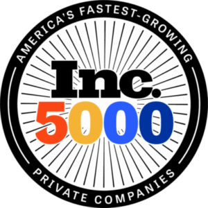 Inc. 5000 emblem on black background indicating America's fastest-growing private companies, with radiating lines and circular border reading the slogan around the edge.