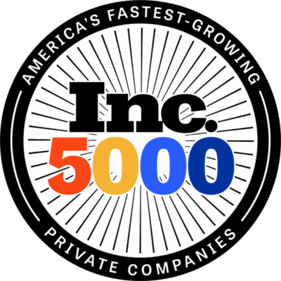 Inc. 5000 emblem on black background indicating America's fastest-growing private companies, with radiating lines and circular border reading the slogan around the edge.